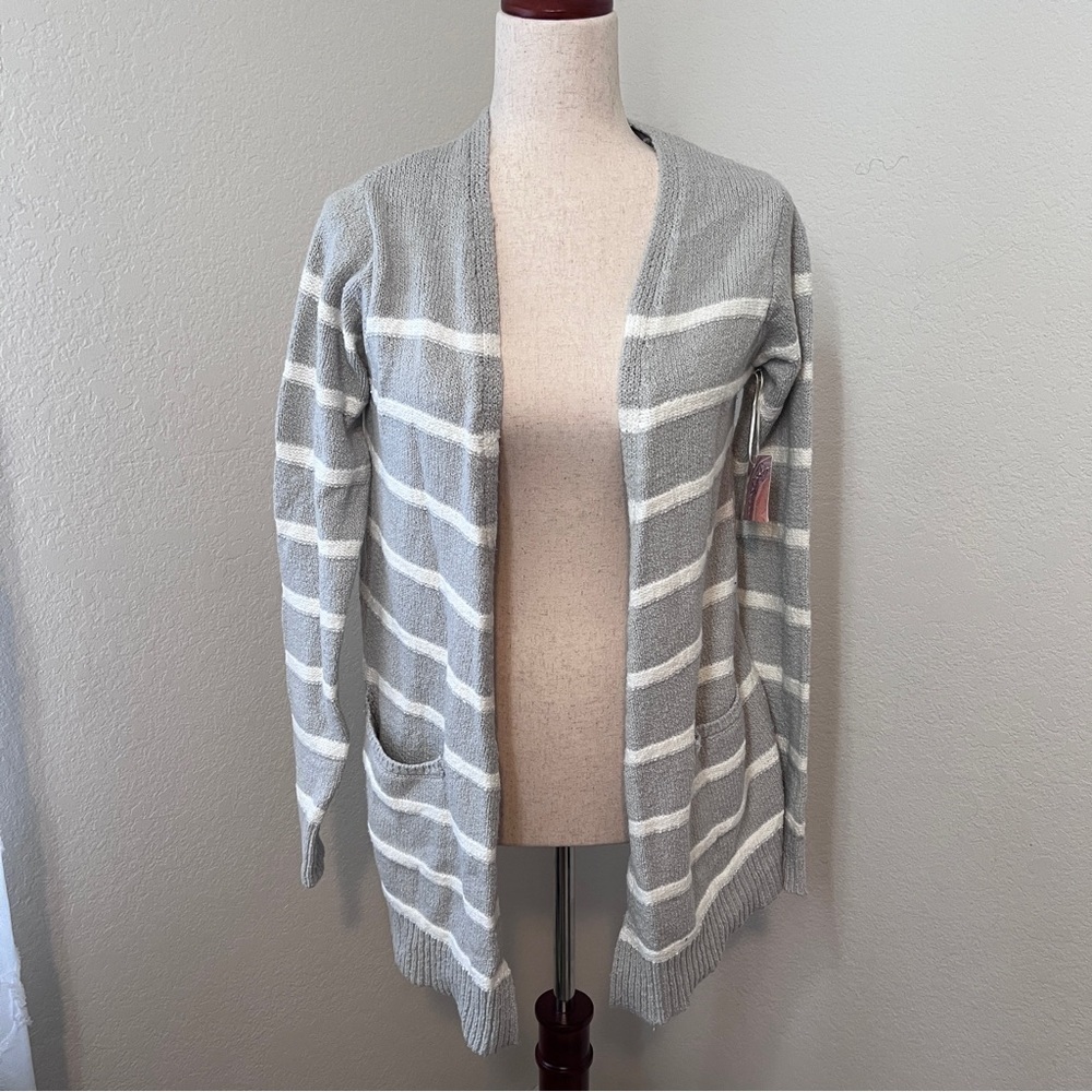 NWT Sigrid Olsen Women's Small Gray Cardigan Striped Sweater Pockets Open Thick